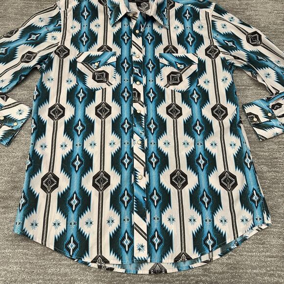 Rock & Roll Cowboy Shirt Mens XL Blue Black White Aztec Pearl Snap Western Retro - Picture 3 of 12